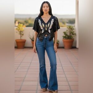 VTG 70’s-80’s Pure Silk Butterfly Sequins All Over Black Crop Top Disco Festival